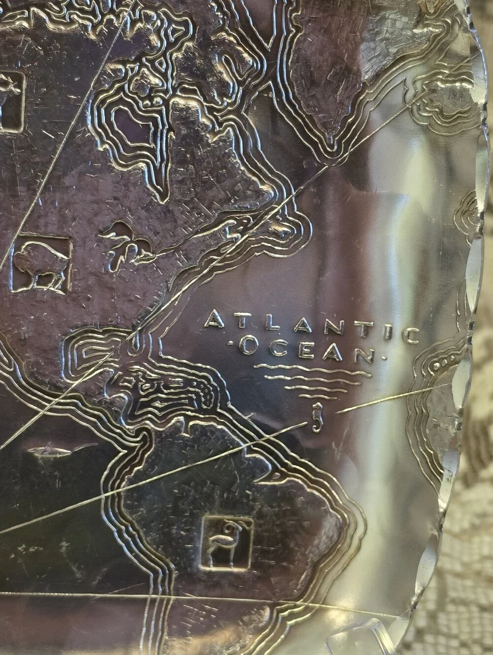 Vtg Metal Goods Corp Aluminum World Map Tray MCM Square 8.5
